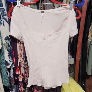 Free People Light Pink Ribbed Short Sleeve Top